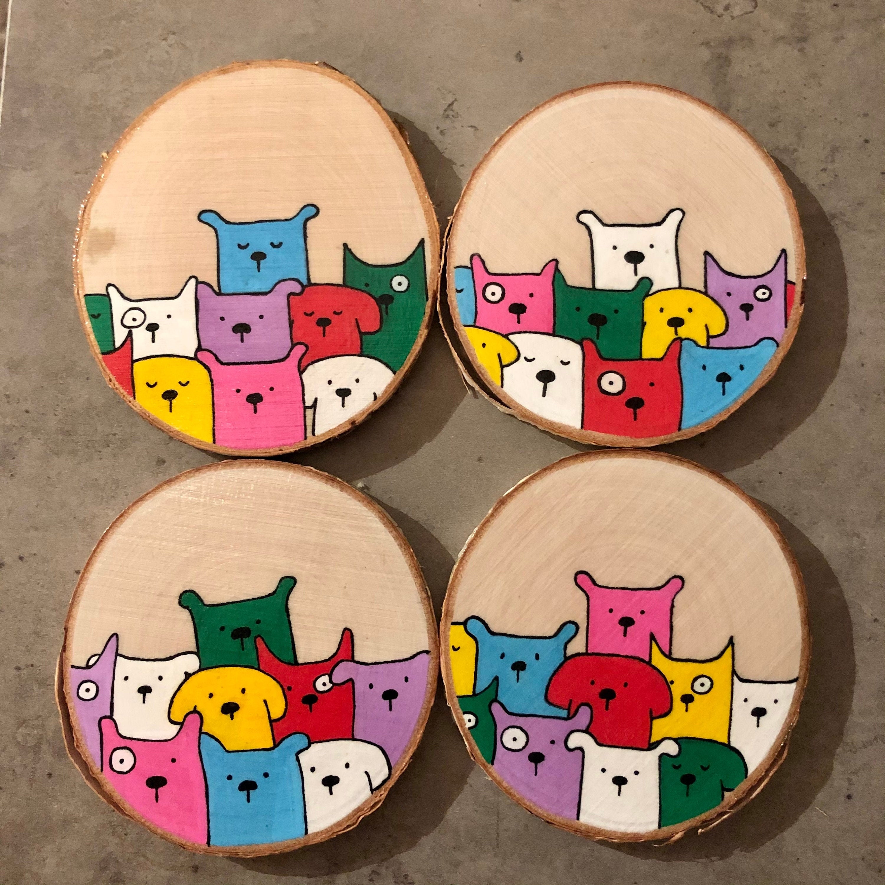 CUTE Dog Coasters Set of 4 Hand Painted Birch Wood Slices Etsy