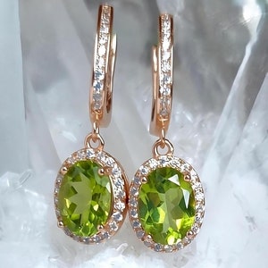 Genuine green peridot diamond halo dangle rose gold earrings