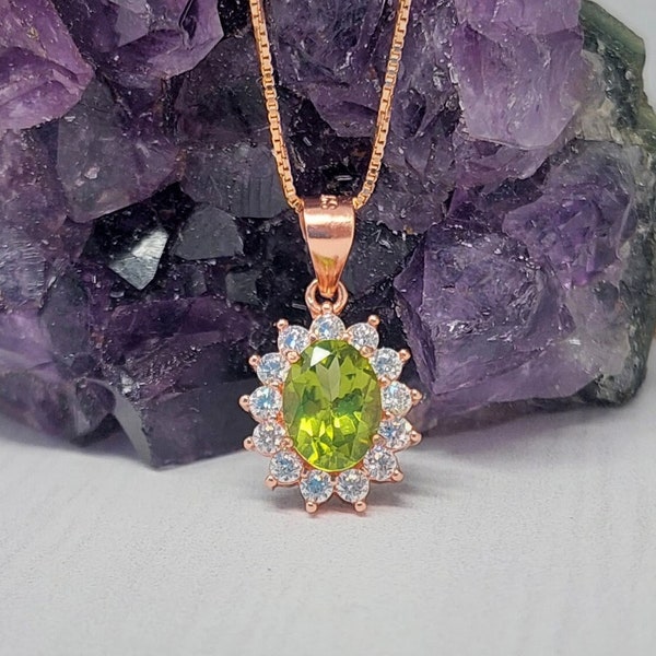 Rose Gold Peridot Necklace, Natural Green Peridot Halo Pendant, Oval Peridot Necklace, Peridot Jewelry Gift For Her, August Birthstone