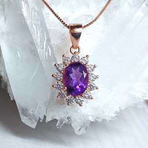 Collar de oro rosa con amatista púrpura genuina / Colgante de halo de amatista ovalada natural / Piedra preciosa de febrero para regalo / Conjunto de joyas de la Princesa Diana