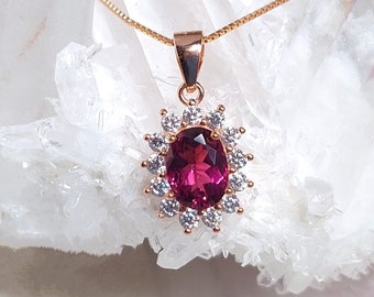 Rhodolite Garnet Necklace, Rose Gold Garnet Jewelry, Natural Garnet Halo Pendant, Genuine Garnet, Gift For Her, Oval Pink January Birthstone