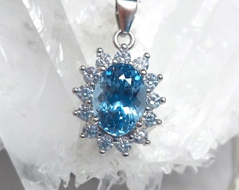 Aquamarine sterling silver necklace with diamond halo pendant