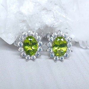 Genuine green peridot art deco stud earrings in silver