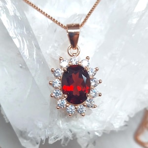 Rose gold garnet necklace | Genuine garnet pendant | Oval red garnet halo wedding necklace | January birthstone | Princess Diana jewelry set