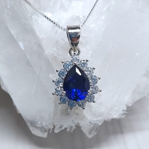 Sapphire necklace | Blue sapphire halo pendant | Sterling silver sapphire jewelry | Wedding necklace | September birthstone | Gift for virgo
