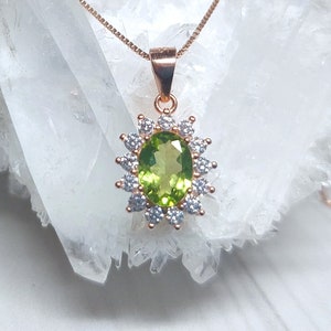 Natural green peridot halo pendant necklace in rose gold