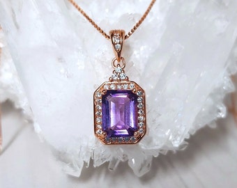 Genuine Purple Amethyst Halo Necklace, Natural Rectangular Amethyst Pendant, Emerald Cut Amethyst Necklace, Rose Gold Amethyst Jewelry