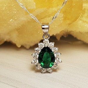 Teardrop Emerald Diamond Halo Silver Necklace, Bridesmaid Necklace.