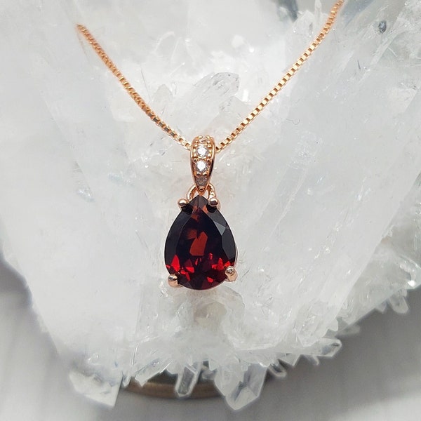 Genuine Garnet Necklace, Pear Garnet Pendant, Minimalist Red Garnet Necklace, Rose Gold Garnet Jewelry, January Birthstone, Gift For Women