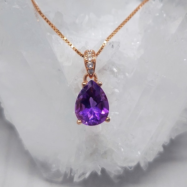 Genuine Amethyst Necklace, Amethyst Minimalist Pendant, Gift For Women, Pear Amethyst Jewelry, February Birthstone Necklace, Rose Gold