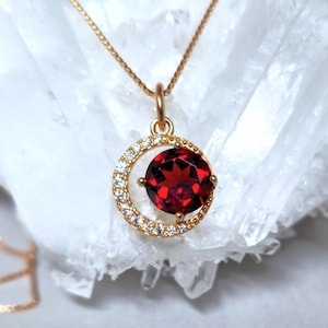 Genuine garnet moon necklace | Round garnet crescent pendant | Minimalist red garnet necklace | Rose gold demilune jewelry | Gift for women