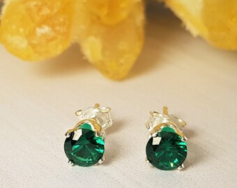 Emerald sterling silver stud earrings, may birthstone