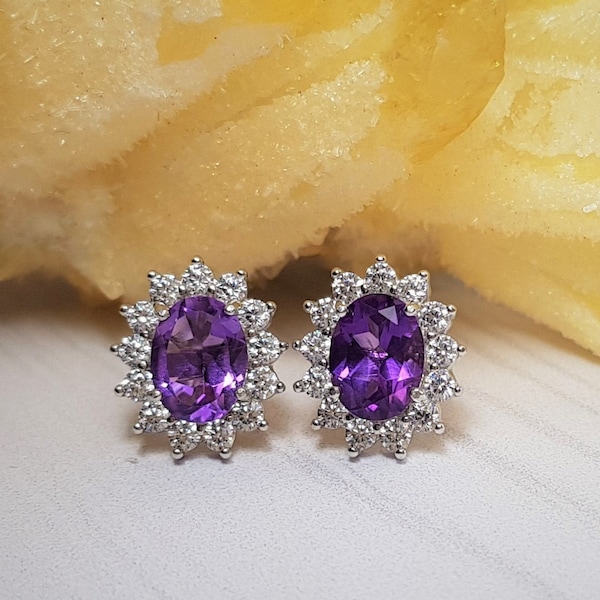 Dainty Amethyst Earrings, Diamond Halo Amethyst Earrings, Oval Amethyst Stud Earrings, Amethyst Jewelry, Bridesmaid Silver Studs, Art Deco