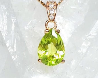 Peridot teardrop minimalist necklace with genuine green gemstone in rose gold
