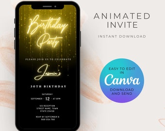 Digital Birthday Party Invitation | Birthday Party Animated Invitation | Yellow Birthday Video Invitation | Editable Template