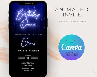 Digital Birthday Dinner Invitation | Birthday Dinner Animated Invitation | Blue Birthday Video Invitation | Editable Template