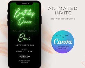 Digital Birthday Dinner Invitation | Birthday Dinner Animated Invitation | Green Birthday Video Invitation | Editable Template