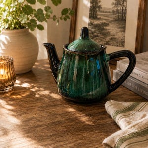Teiera vintage in ceramica Blue Mountain con coperchio / Smalto cristallino verde / Teiera in ceramica canadese stile Mid-Century Modern / BMP Canada