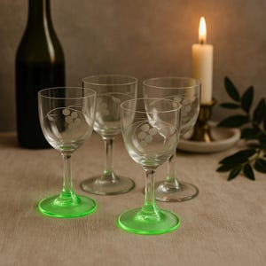 Copas de jerez de cristal vintage - Alto contenido de manganeso - Juego de 4 flores grabadas a mano