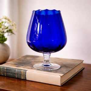 Vintage Cobalt Blue Art Glass Goblet | Ruffled Rim | Hand-Blown Twisted Stem | 6.5” Decorative Glass