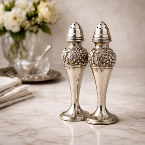 Salero y pimentero vintage plateado con diseño ornamental de uva y hojas / Elegante detalle de mesa