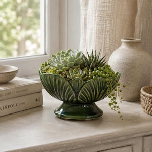 May include: A glossy dark green ceramic bowl with a scalloped leaf-like design, elevated on a pedestal base. The bowl is filled with a variety of green succulents, including a large rosette, a striped Haworthia, and trailing string of pearls.
