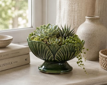Vintage Green Ceramic Flower Planter | Footed Leaf Bowl | Mid-Century Floral Pottery | Scalloped Pedestal Planter