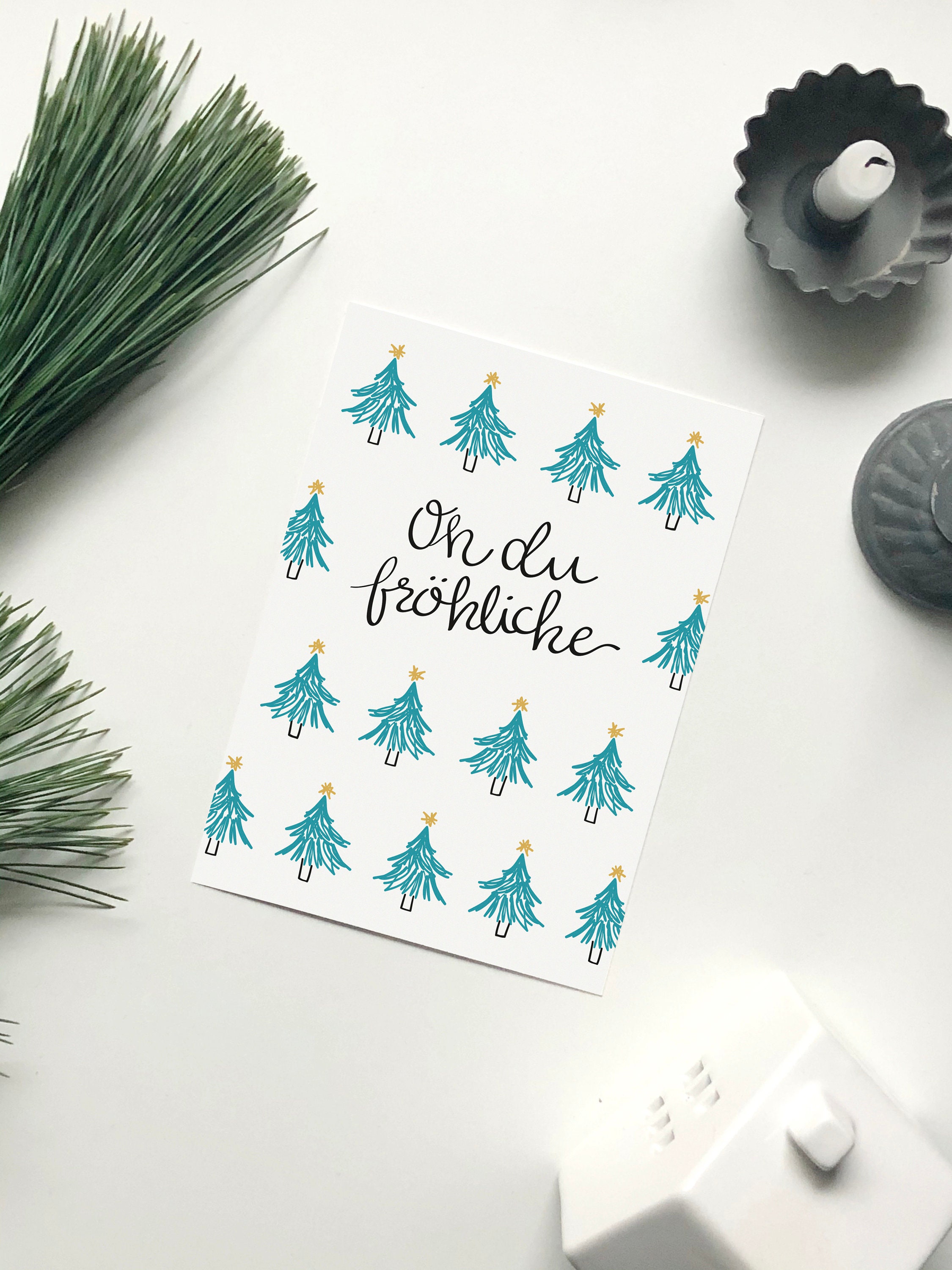 Postkarte - "Oh du fröhliche", Weihnachtsbäum, Tannenbäumm, Weihnachtskarte Handlettering mit Spruch