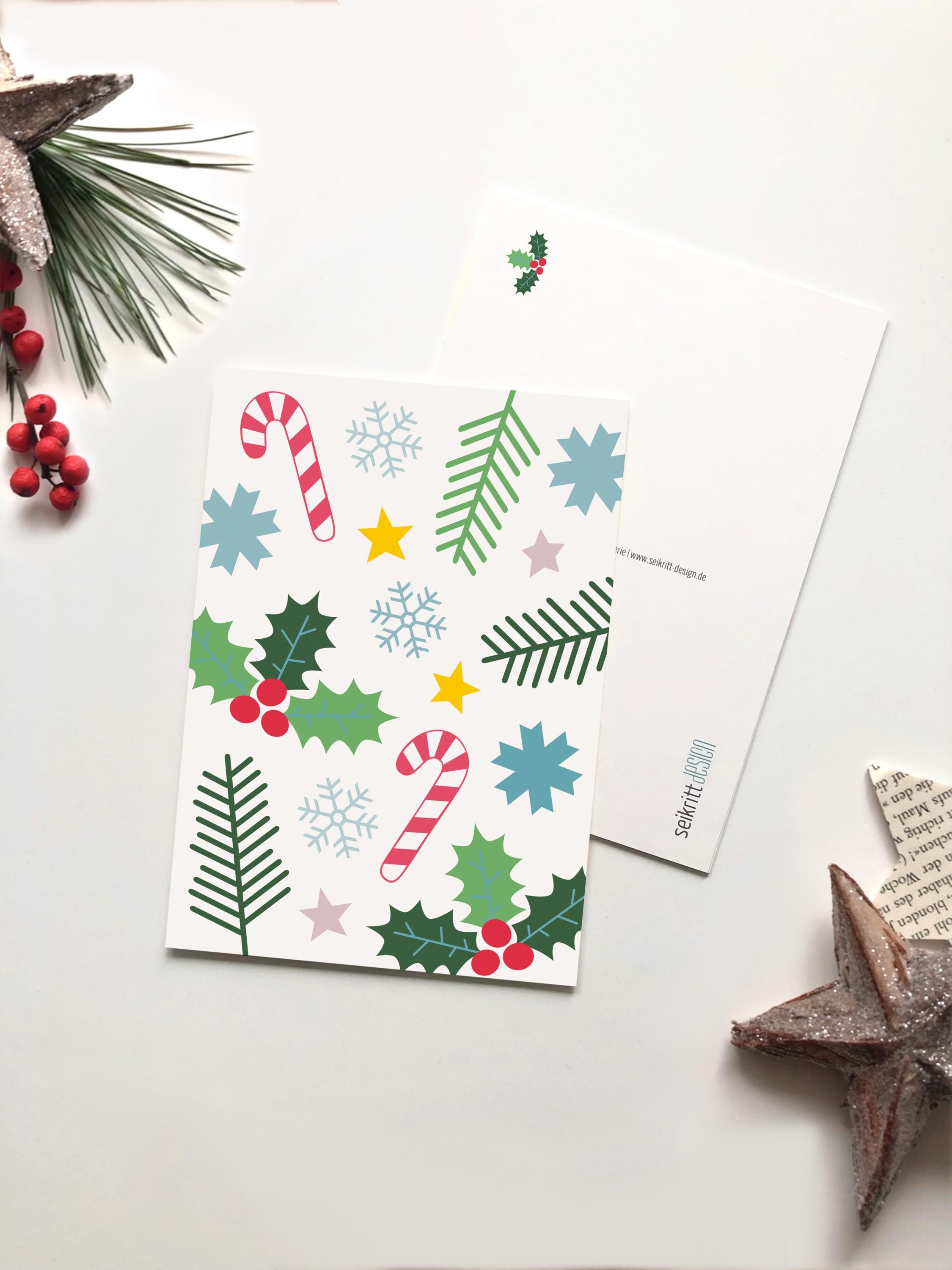 Postkarte Weihnachten - Winterwunderland, Weihnachtskarte mit winterlichen, modernen Illustrationen