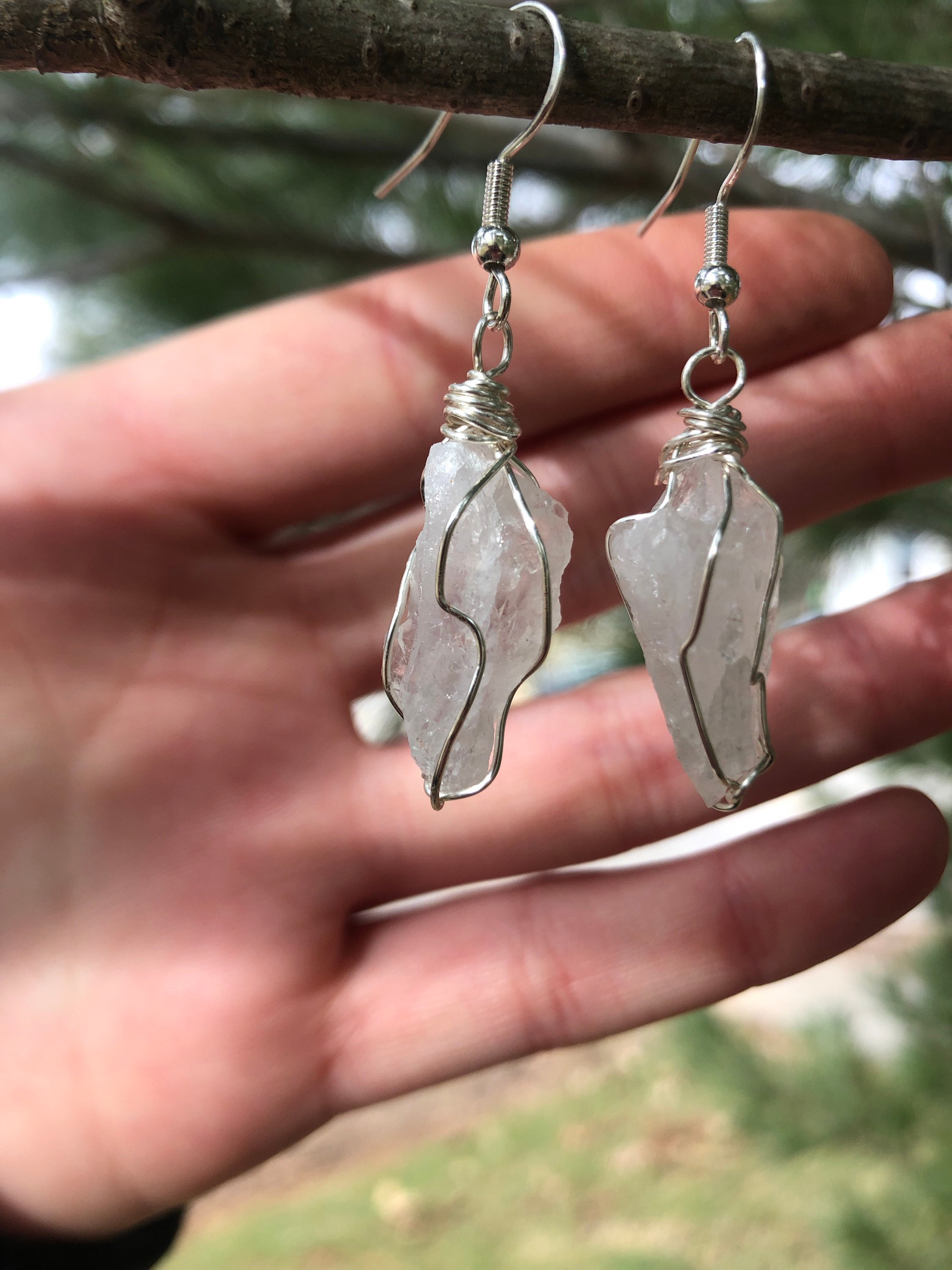 Natural Quartz geode earrings wrapped in silver wire Etsy