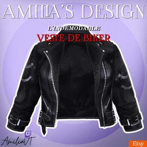 May include: A black leather biker jacket with zipper details and a silver buckle closure. The jacket is cropped and has a stand-up collar. L'INDEMODABLE VESTE DE BIKER is written in red text on the jacket.