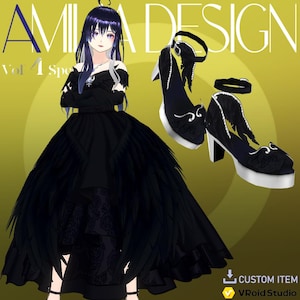 Puede incluir: Un vestido negro con falda de plumas y una superposición de encaje negro. El vestido se combina con zapatos negros de tacón alto con un diseño de alas. Los zapatos tienen una plataforma blanca y un tacón negro. La imagen incluye el texto "AMIA DESIGN Vol 4 Special".