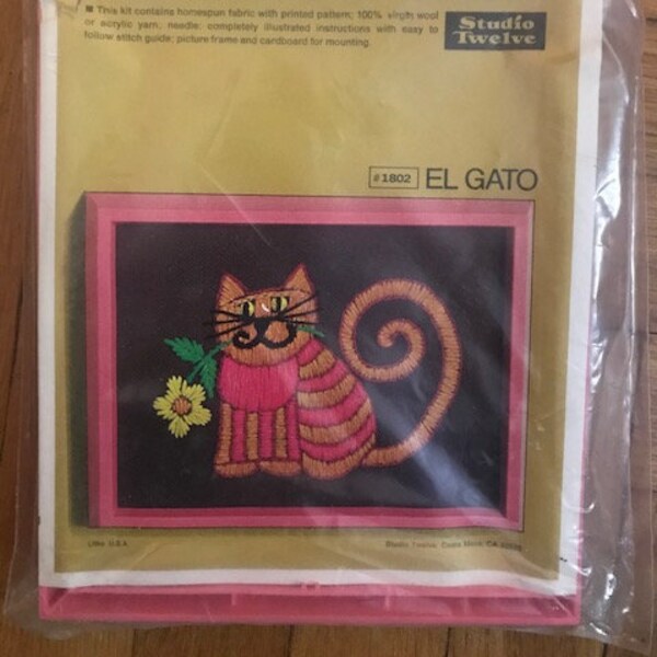 Vintage Studio Twelve El Gato Complete Crewel Kit. Cute Cat crewel embroidery Fits the 7 X 9 frame included  Polybag opened but kit complete