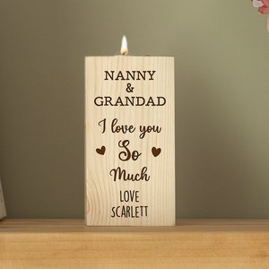 Wooden Block Personalised Candle Tealight Holder, Anniversary Gift Idea, Gift for Nanny, Gift for Grandad, Gift for Mum, Gift for Dad