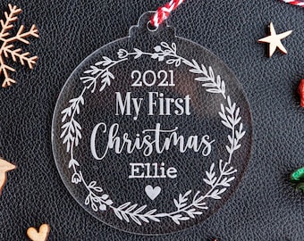 Personalised Baby's First Christmas Bauble, Christmas Tree Ornament, first Christmas decoration, New Baby Gift, 1st Christmas, Clear, CX17B