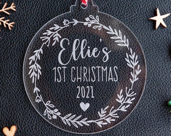 Personalised Baby's First Christmas Bauble, Christmas Tree Ornament, first Christmas decoration, New Baby Gift, 1st Christmas, Clear, CX17E