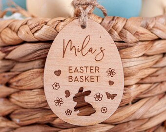Personalised Wooden Easter Basket Tag, Engraved Bunny Gift, Easter Basket Filler