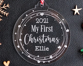 Personalised Baby's First Christmas Bauble, Christmas Tree Ornament, first Christmas decoration, New Baby Gift, 1st Christmas, Clear, CX17A