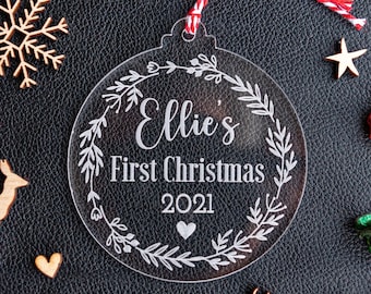 Personalised Baby's First Christmas Bauble, Christmas Tree Ornament, first Christmas decoration, New Baby Gift, 1st Christmas, Clear, CX17D