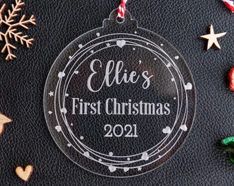 Personalised Baby's First Christmas Bauble, Christmas Tree Ornament, first Christmas decoration, New Baby Gift, 1st Christmas, Clear, CX17C