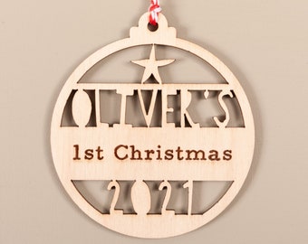 Personalised Baby's First Christmas Bauble, Christmas Tree Ornament, first Christmas decoration, New Baby Gift, 1st Christmas, Wood, CX26