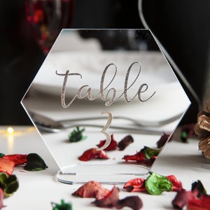 Número de mesa de boda, espejo plateado, decoración de mesa de boda, número de mesa personalizado, tarjeta de mesa de recepción de boda, número hexagonal