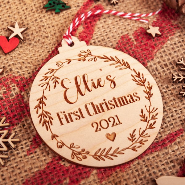 Personalised Baby's First Christmas Bauble, Christmas Tree Ornament, first Christmas decoration, New Baby Gift, 1st Christmas, Wood, CX17E