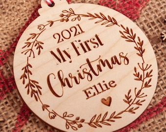 Personalised Baby's First Christmas Bauble, Christmas Tree Ornament, first Christmas decoration, New Baby Gift, 1st Christmas, Wood, CX17B