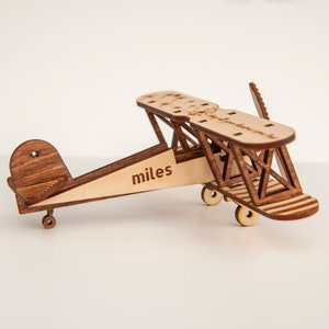 Personalised Wooden Plane Toy, Unique Birthday Gift as Keepsake, Biplane with wings Personalised, Decorative airplane, Kids Room Decoration image 1