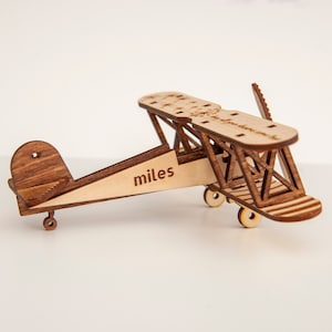 Personalised Wooden Plane Toy, Unique Birthday Gift as Keepsake, Biplane with wings Personalised, Decorative airplane, Kids Room Decoration image 1