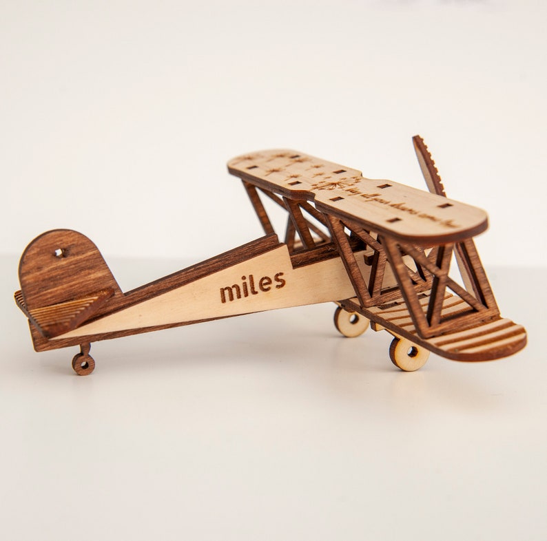 Personalised Wooden Plane Toy, Unique Birthday Gift as Keepsake, Biplane with wings Personalised, Decorative airplane, Kids Room Decoration image 1