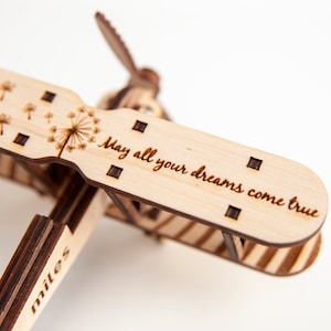 Personalised Wooden Plane Toy, Unique Birthday Gift as Keepsake, Biplane with wings Personalised, Decorative airplane, Kids Room Decoration image 3