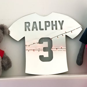 Personalised Football Shirt Mirror, Nursery Wall Décor, Kids Room Mirror, Children Room Decoration, Wall Plaque, Shatterproof Acrylic Mirror