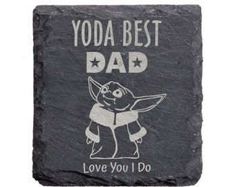 Personalised Fathers Day Gift, Baby Yoda Square Slate Coaster, Mandalorian Star Wars, Bespoke Father's Day Gift, Yoda Best Dad Love you I Do